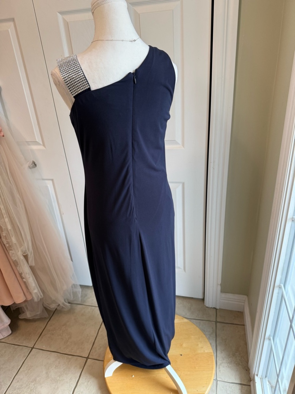 Karina Navy One-Shoulder Evening Gown with Crystal Strap - Picture 8 of 12